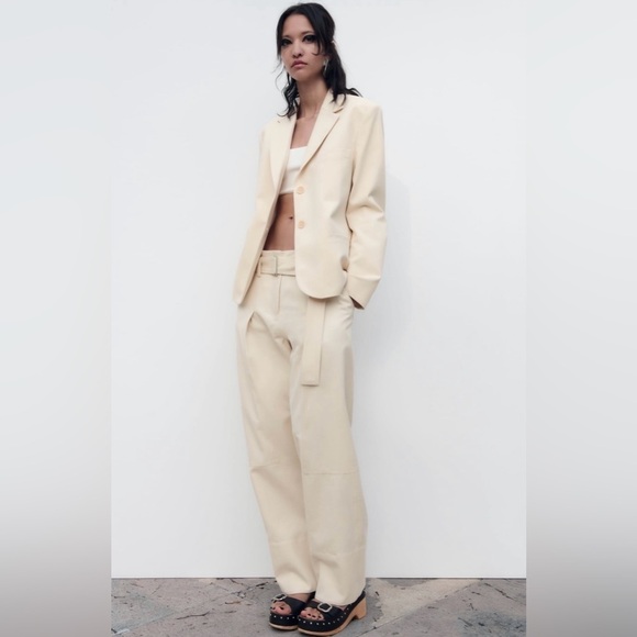 Zara Women Oyster White Bloggers Fav High-Rise Belted Cotton Loose Pants Sz L - Picture 6 of 15